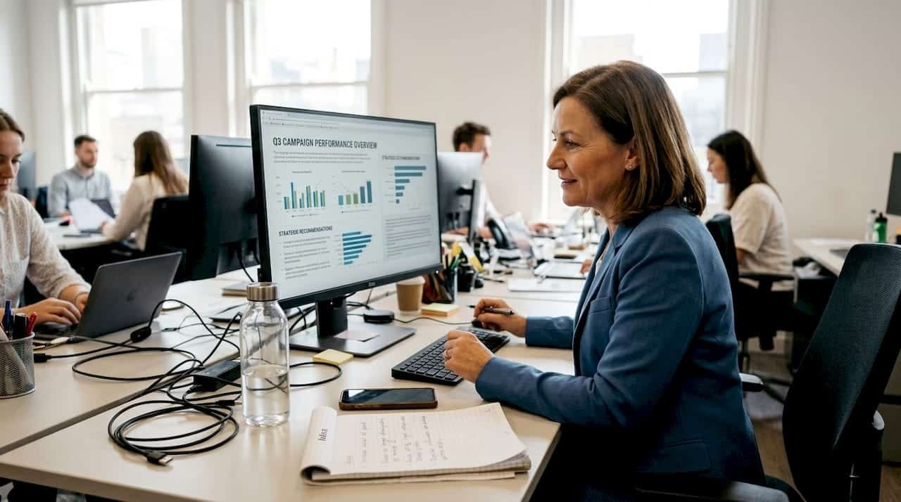 Manager reviewing digital agency campaign results