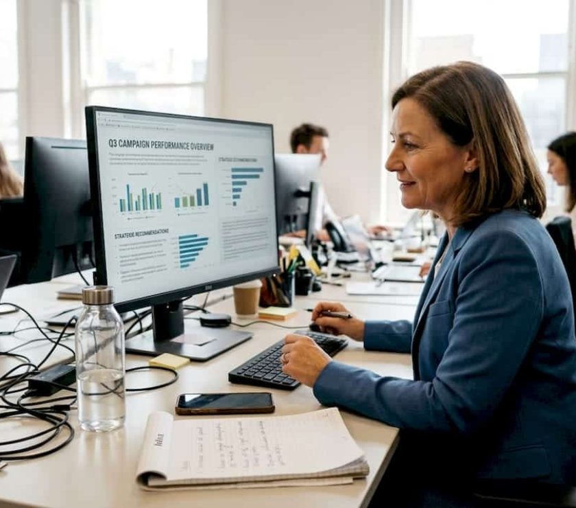 Manager reviewing digital agency campaign results