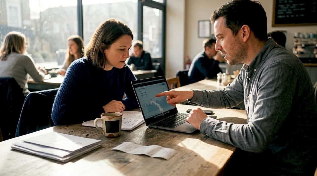 SME owner and colleague reviewing ad campaign