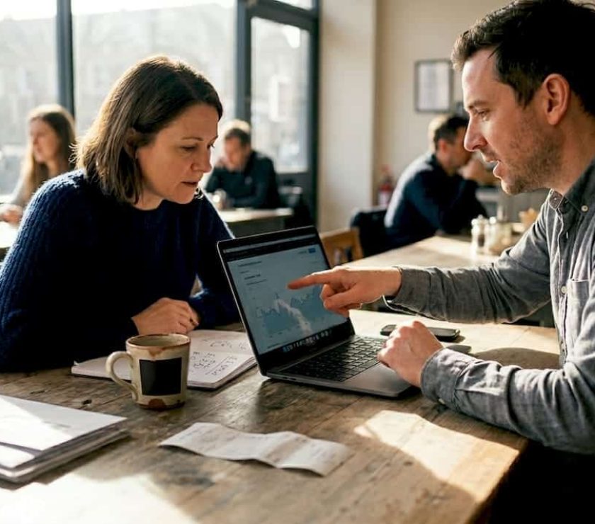 SME owner and colleague reviewing ad campaign