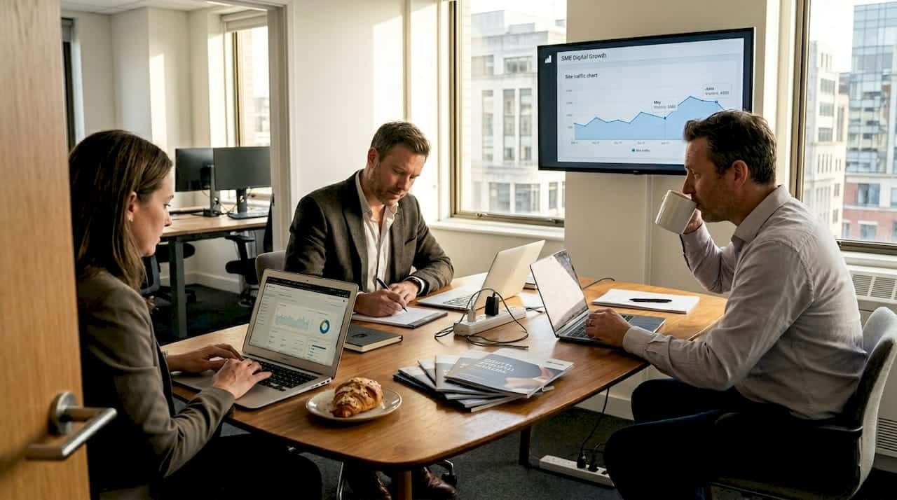 SME team discusses digital strategy in office