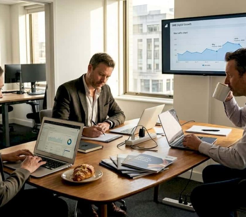 SME team discusses digital strategy in office