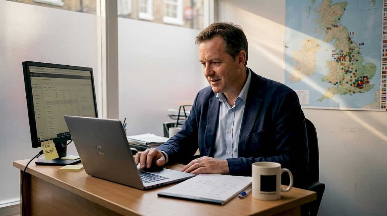 Business owner reviewing digital marketing analytics