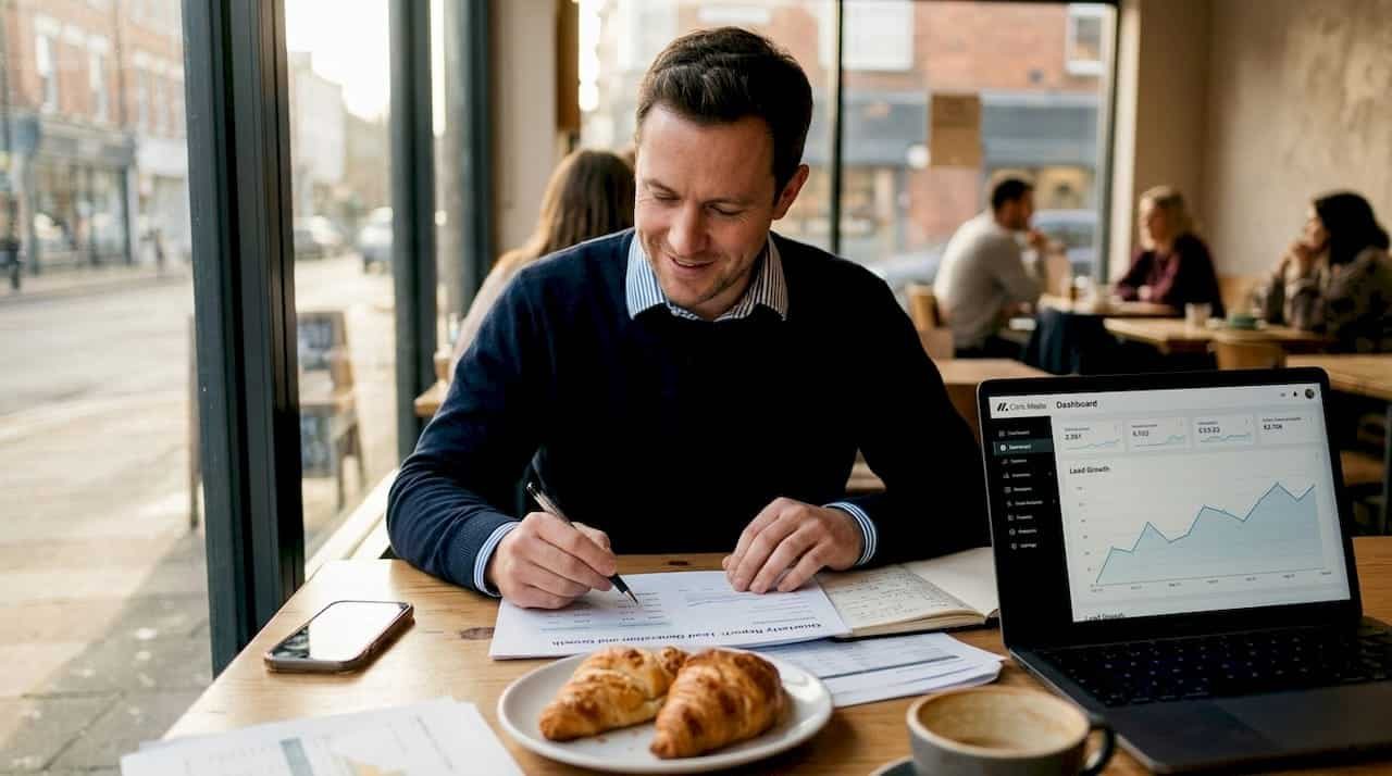 Business owner reviewing analytics report in café
