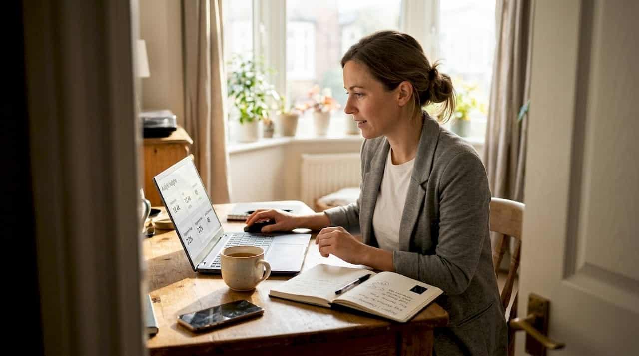 Small business owner reviewing social media stats
