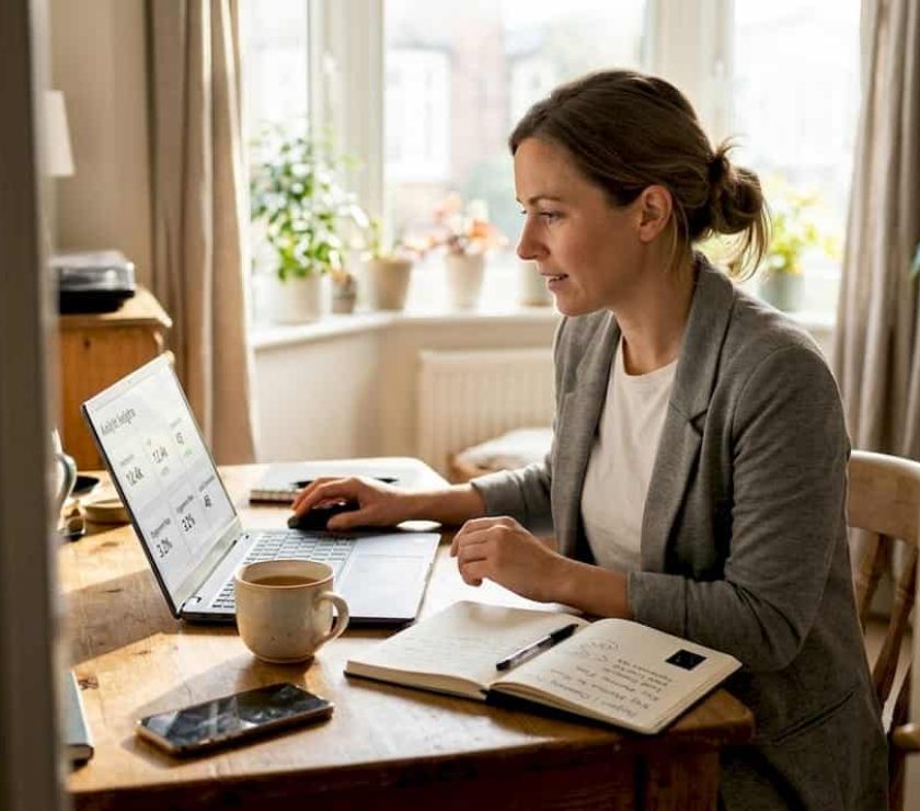 Small business owner reviewing social media stats