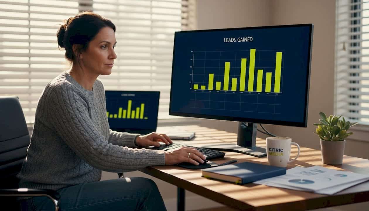 Manager reviewing lead generation analytics at home desk