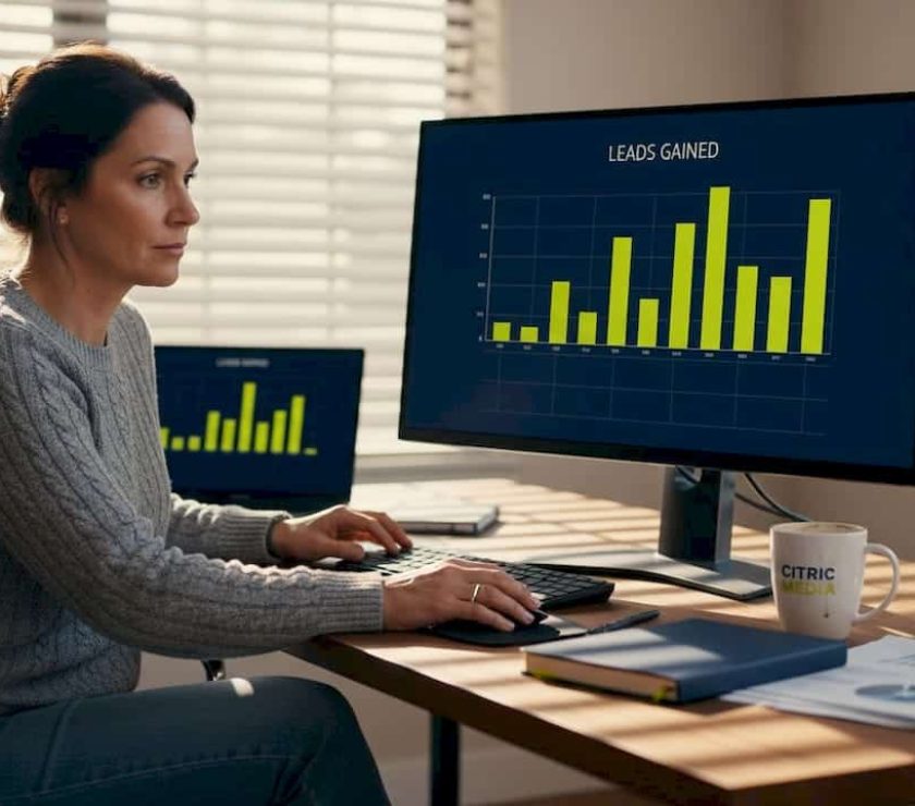 Manager reviewing lead generation analytics at home desk