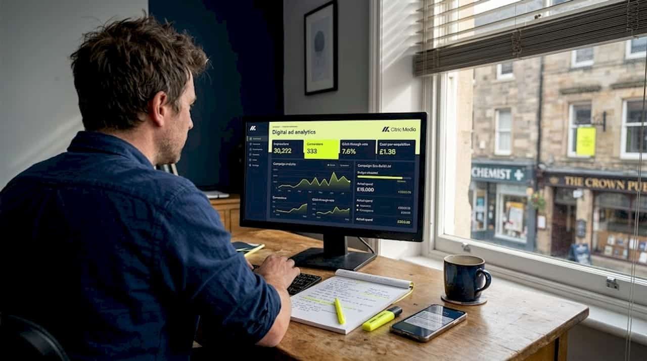 Small business owner reviewing online ad results