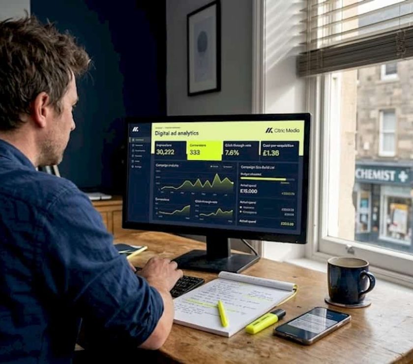 Small business owner reviewing online ad results