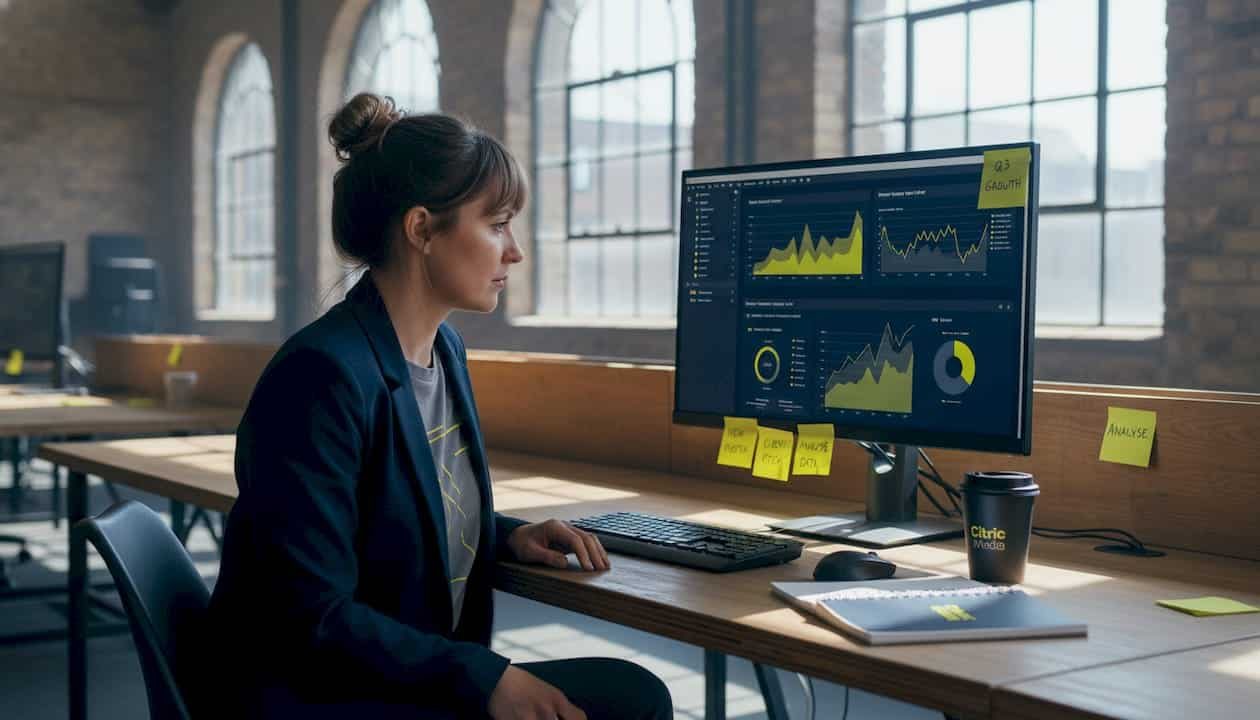 Professional reviewing analytics at modern UK office