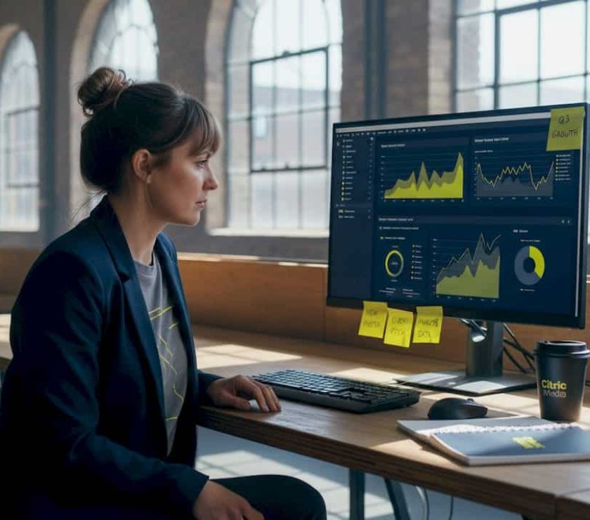 Professional reviewing analytics at modern UK office
