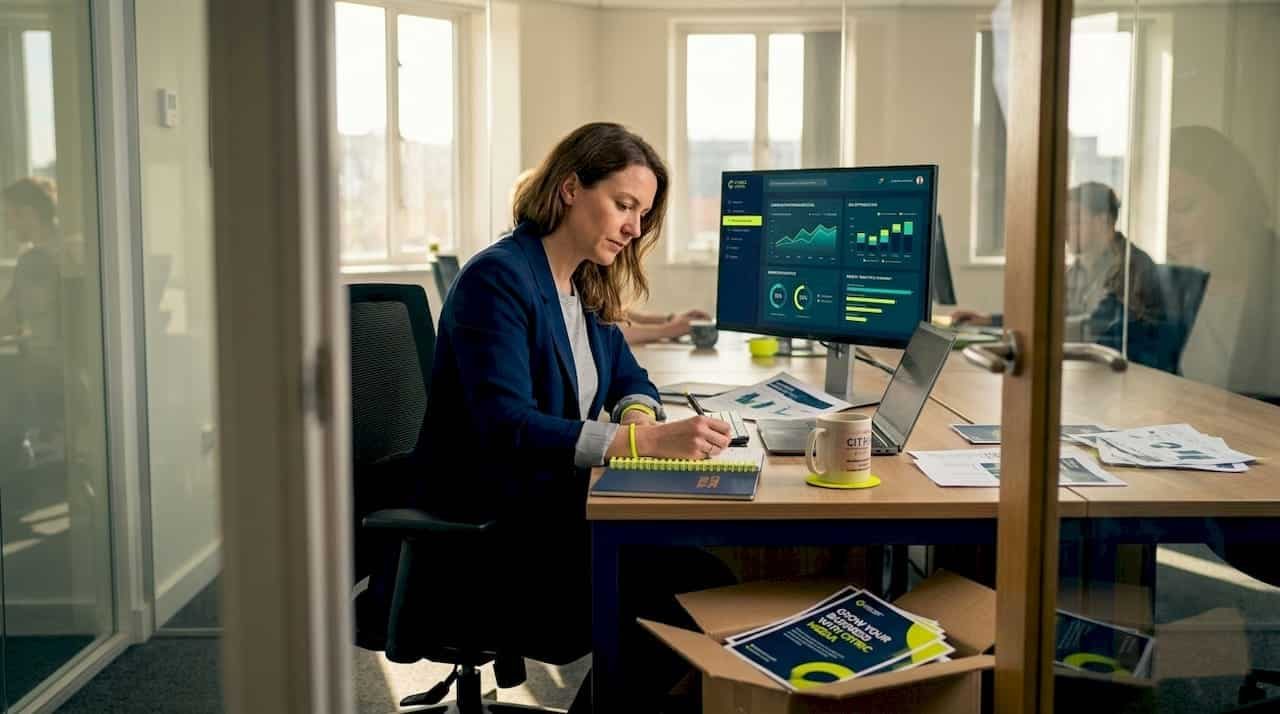 Small business owner reviewing search marketing results
