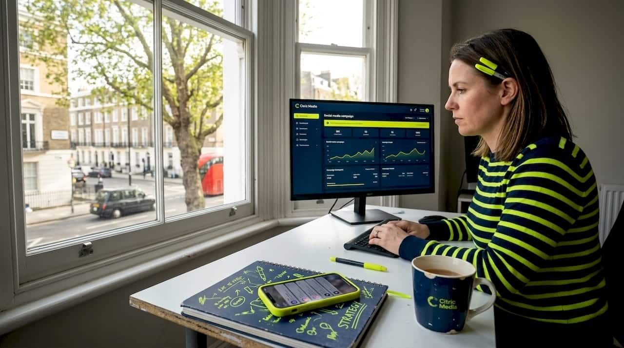 Business owner manages social media in office