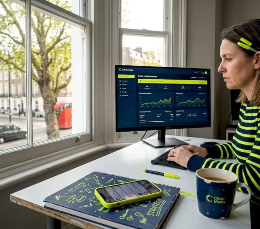 Business owner manages social media in office