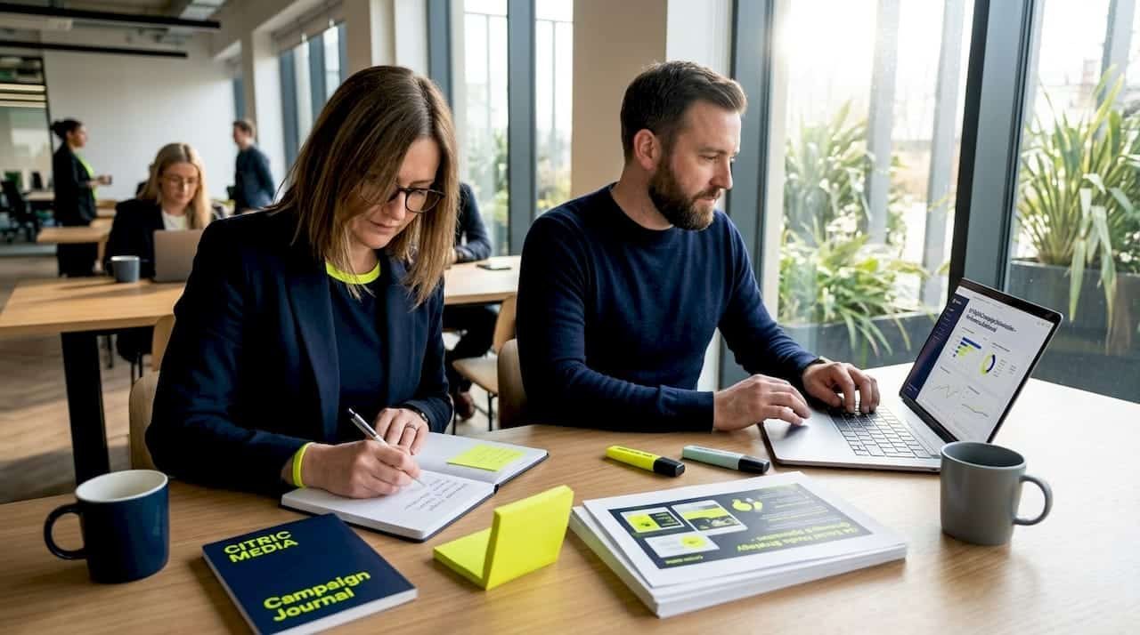 Coworkers planning social ad campaign together