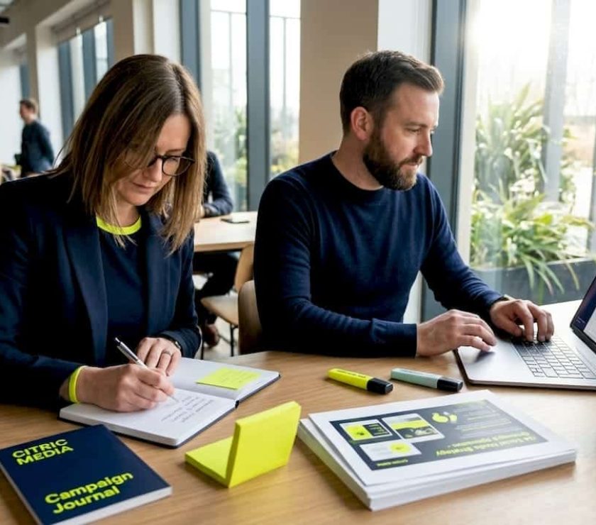 Coworkers planning social ad campaign together