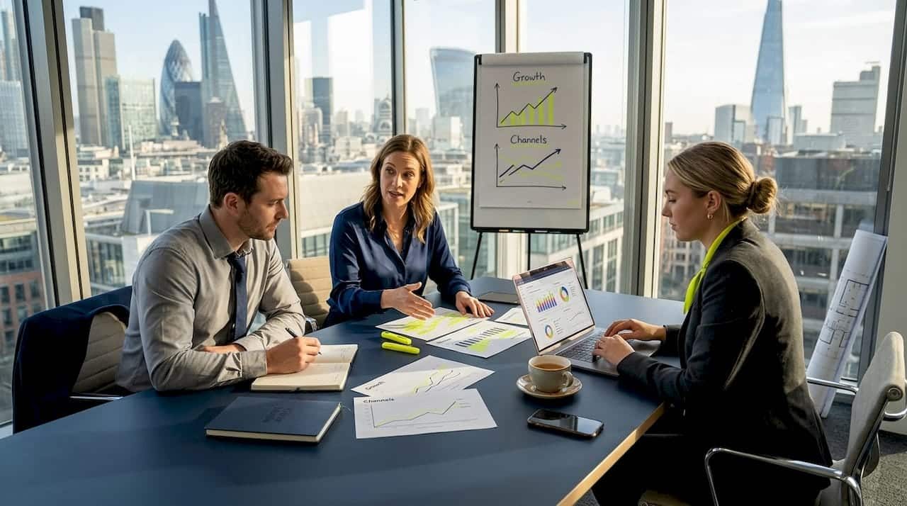 Small team working in bright digital marketing office