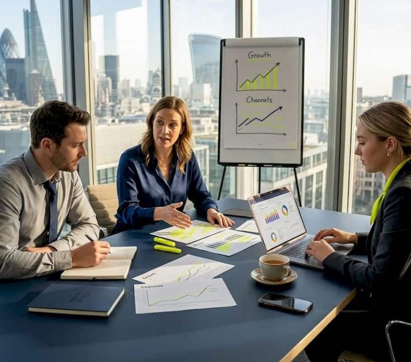 Small team working in bright digital marketing office