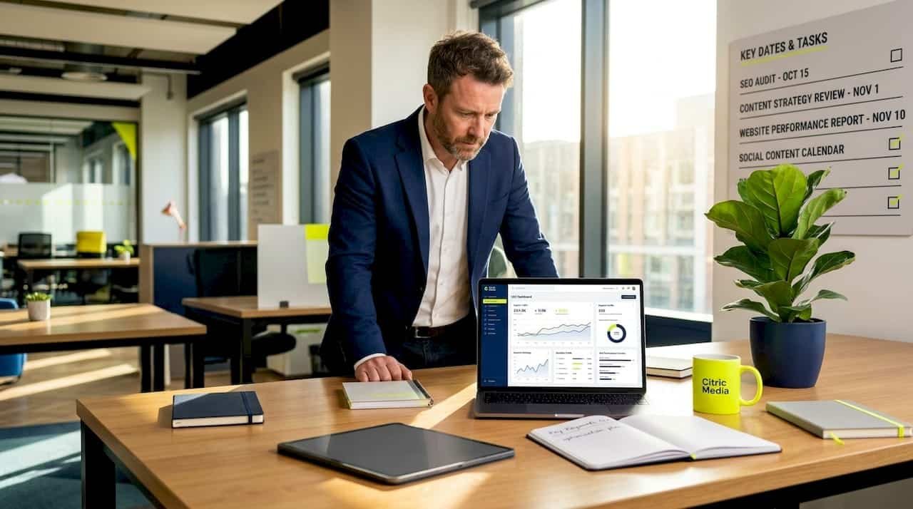 Business owner updating SEO dashboard at desk