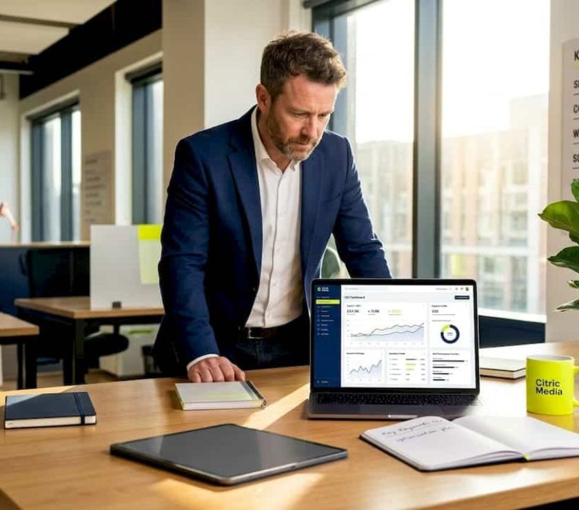 Business owner updating SEO dashboard at desk