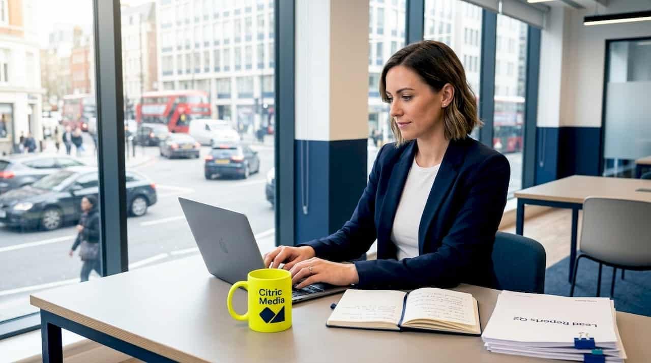 Business owner working on laptop in shop office