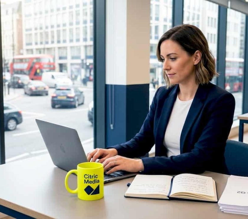 Business owner working on laptop in shop office