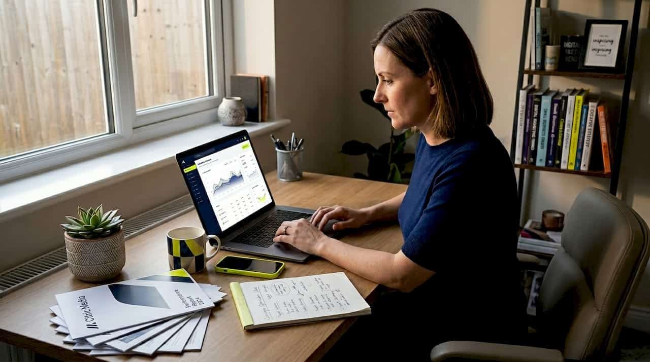UK SME owner working on digital marketing tasks