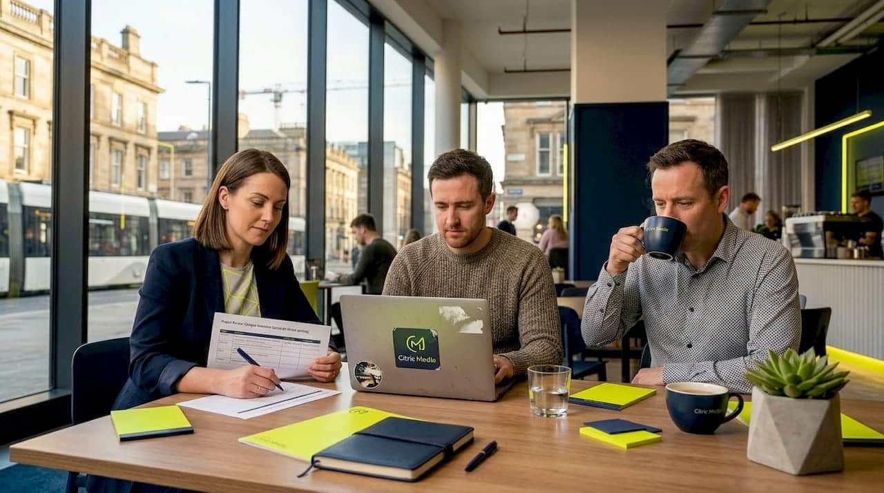 Small business team discusses marketing strategies