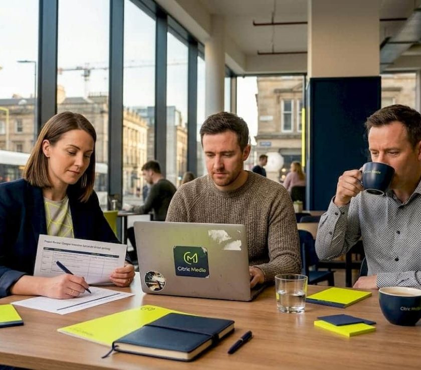 Small business team discusses marketing strategies