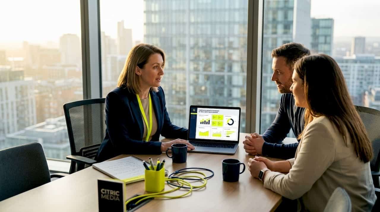 Consultant reviewing campaign results with business owners