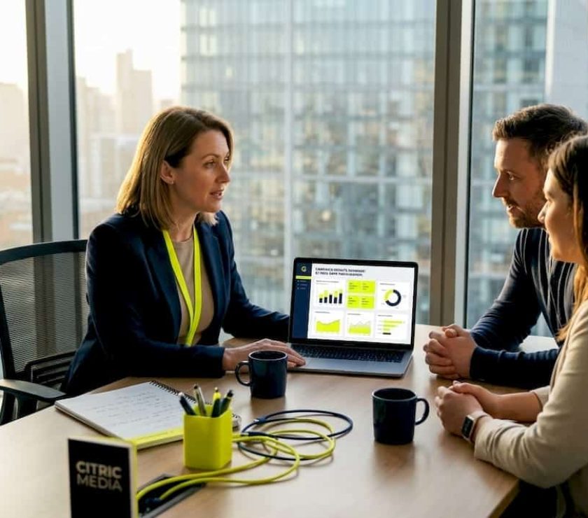 Consultant reviewing campaign results with business owners