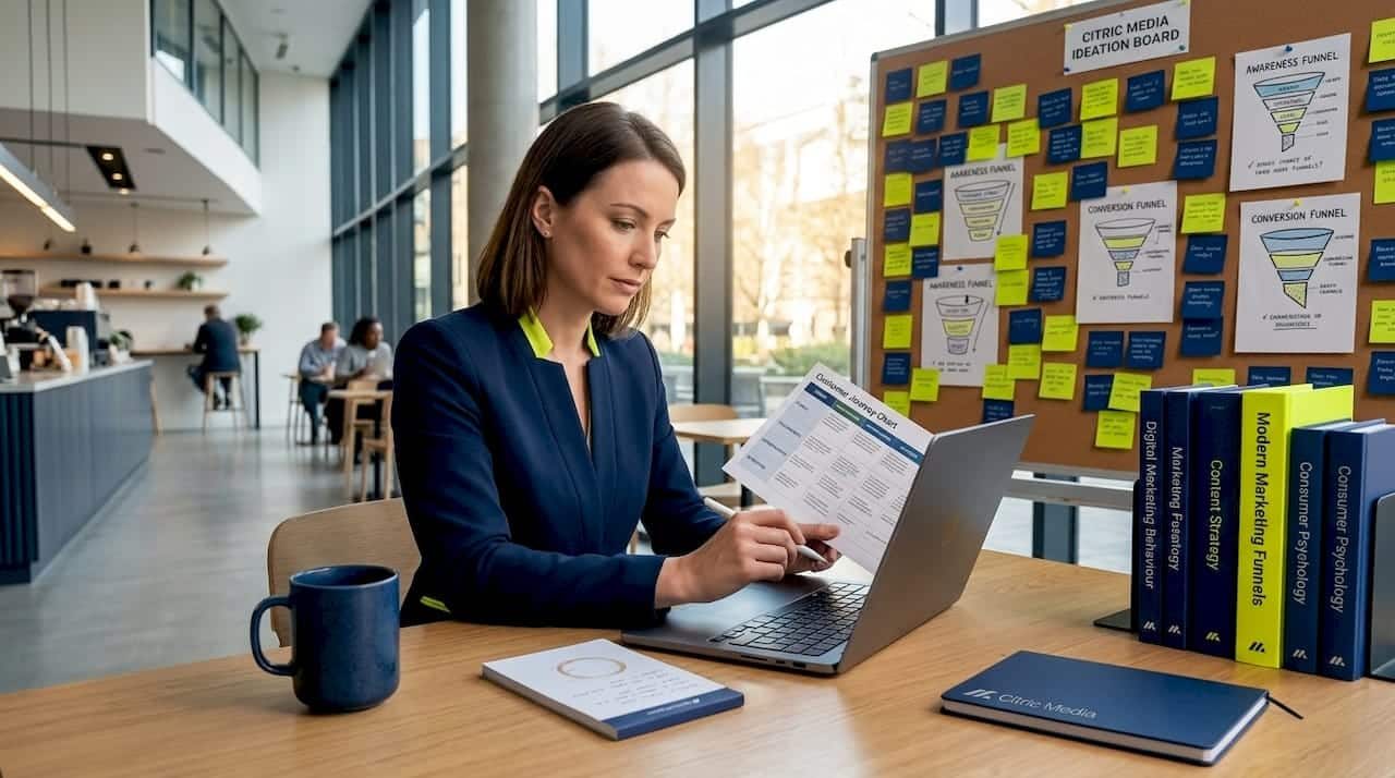 Marketing manager reviewing printed funnel chart