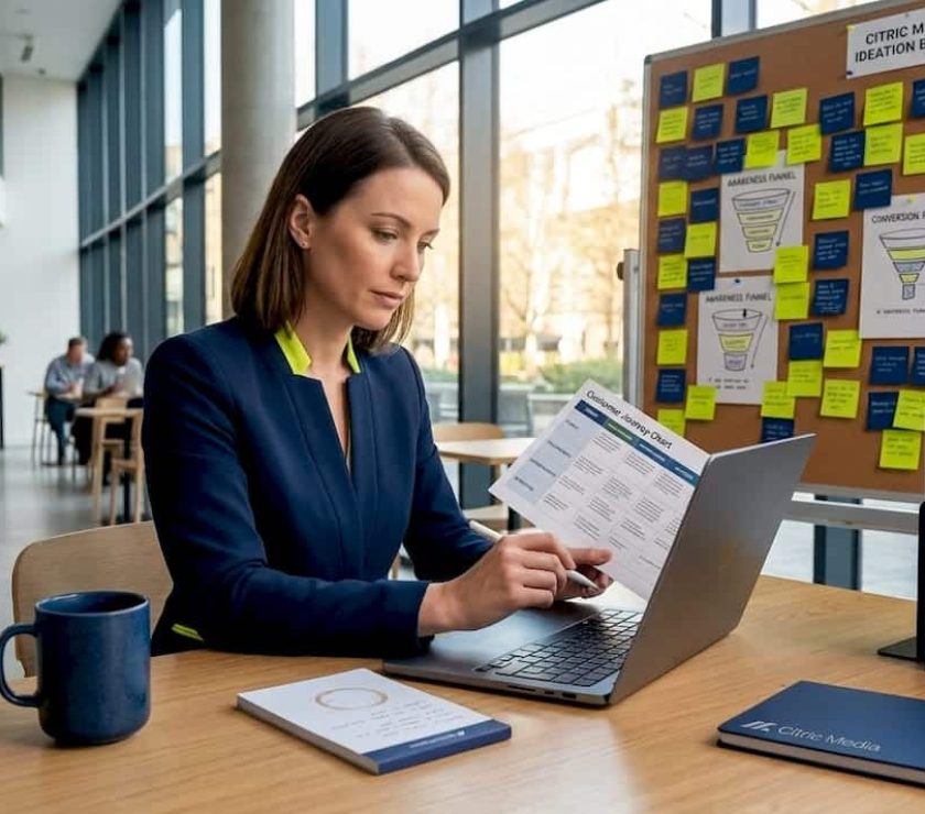 Marketing manager reviewing printed funnel chart
