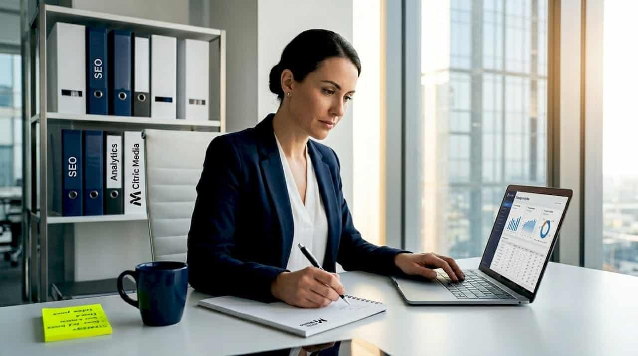 Strategist reviews marketing data in workspace