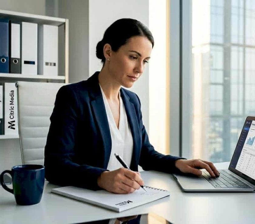 Strategist reviews marketing data in workspace