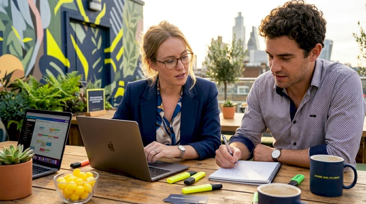 Team collaborating at glass-walled office table