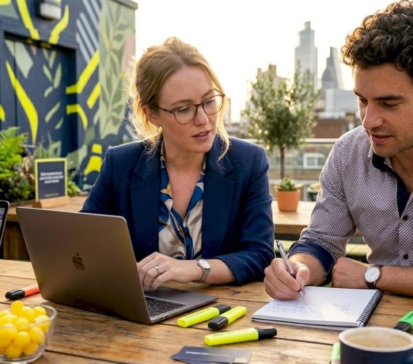 Team collaborating at glass-walled office table