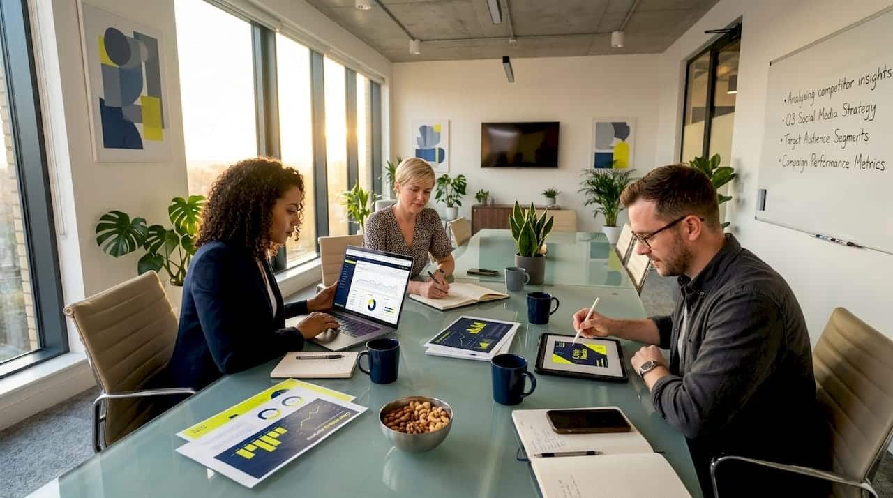 Content marketing team collaborating in corner office