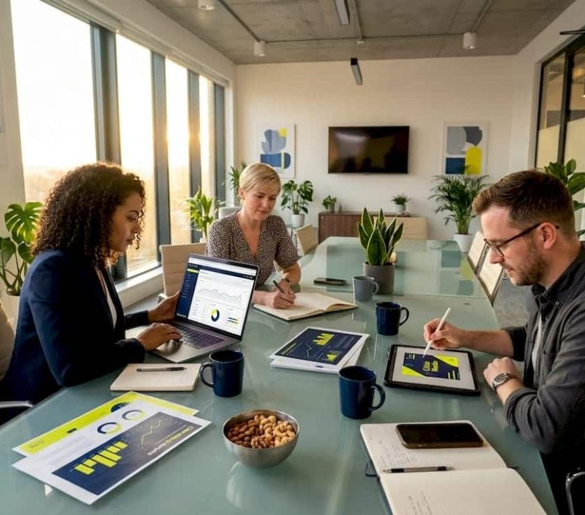 Content marketing team collaborating in corner office