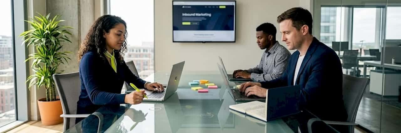 Marketing team collaborating in sunlit office