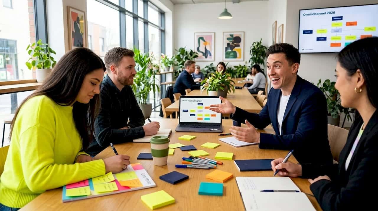 Modern marketing team collaborating on omnichannel strategy