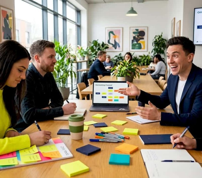 Modern marketing team collaborating on omnichannel strategy