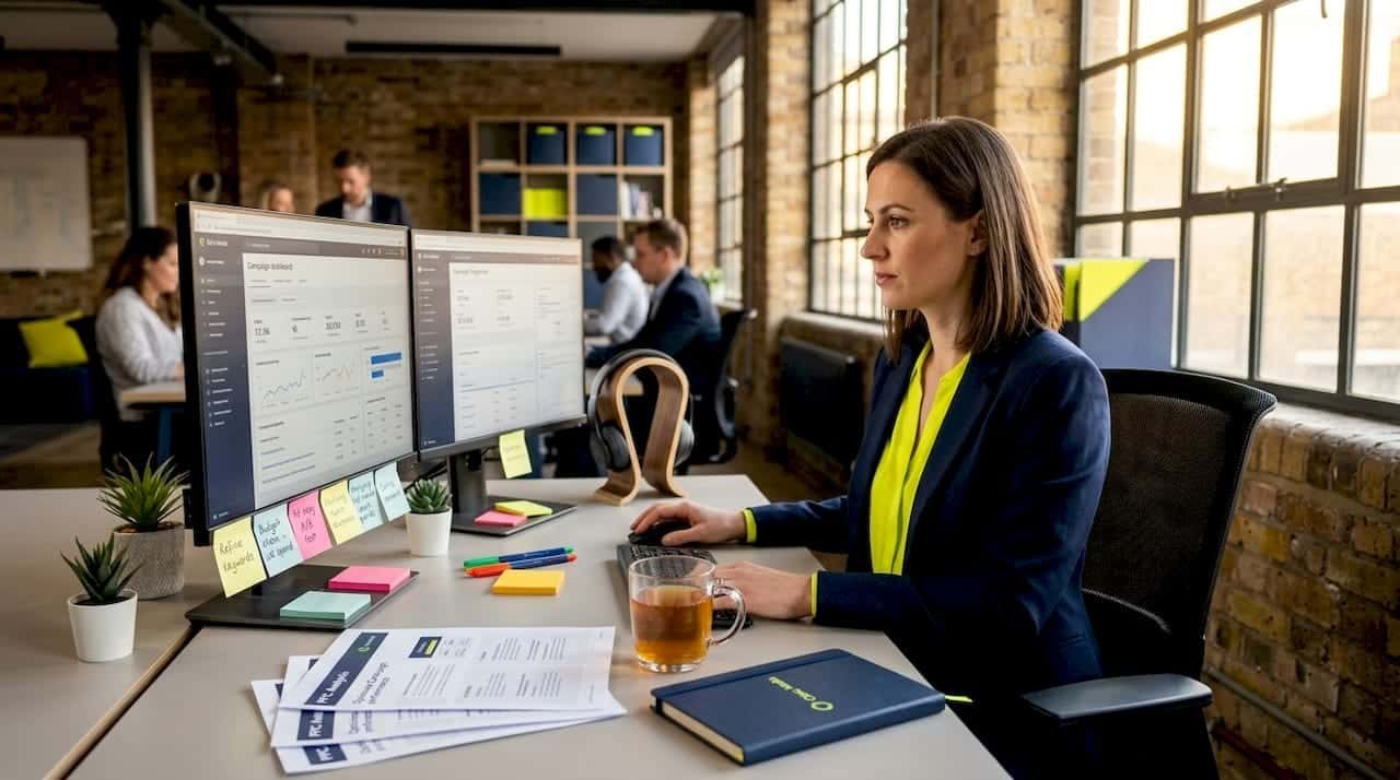 Professional reviewing PPC campaign in UK office