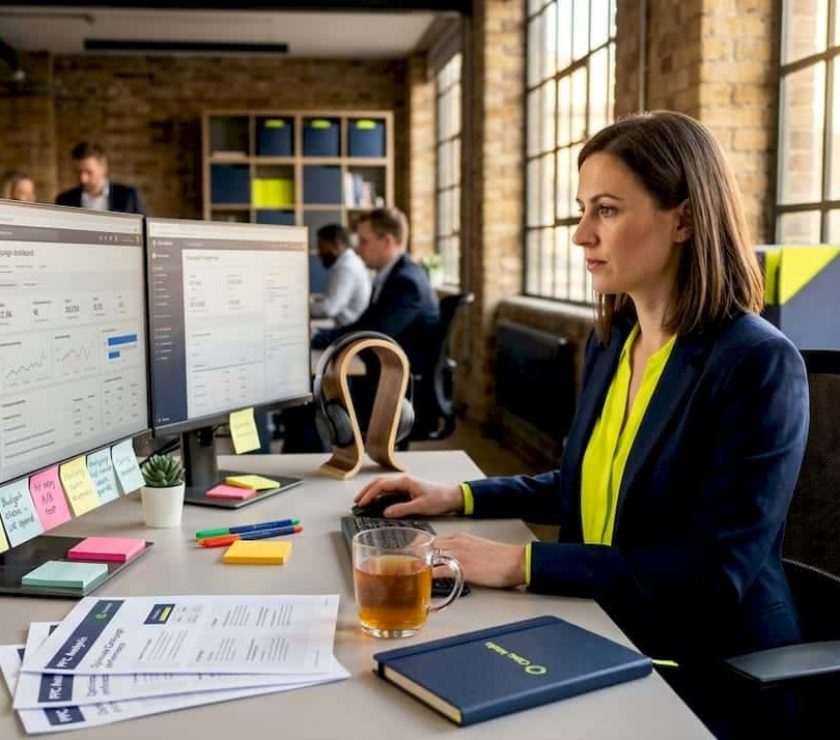 Professional reviewing PPC campaign in UK office