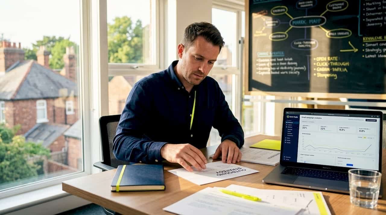 Marketing manager reviewing outbound strategy documents