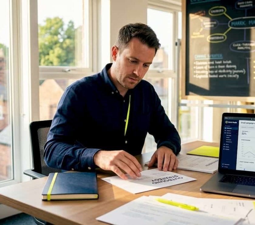 Marketing manager reviewing outbound strategy documents