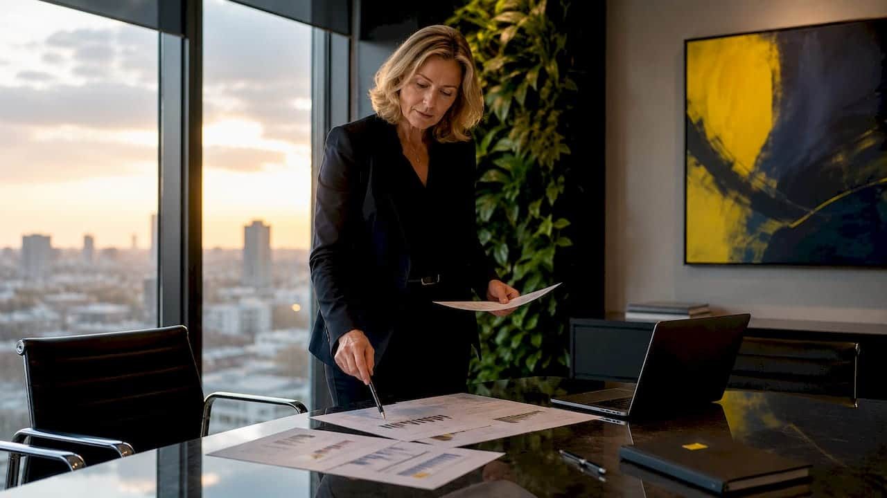 Businesswoman reviewing growth strategy documents in office