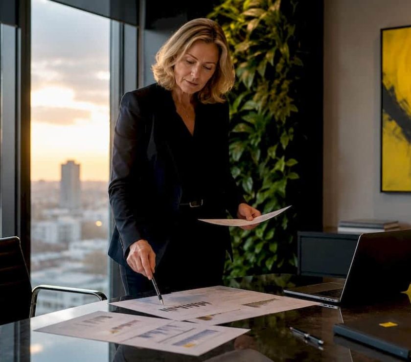 Businesswoman reviewing growth strategy documents in office