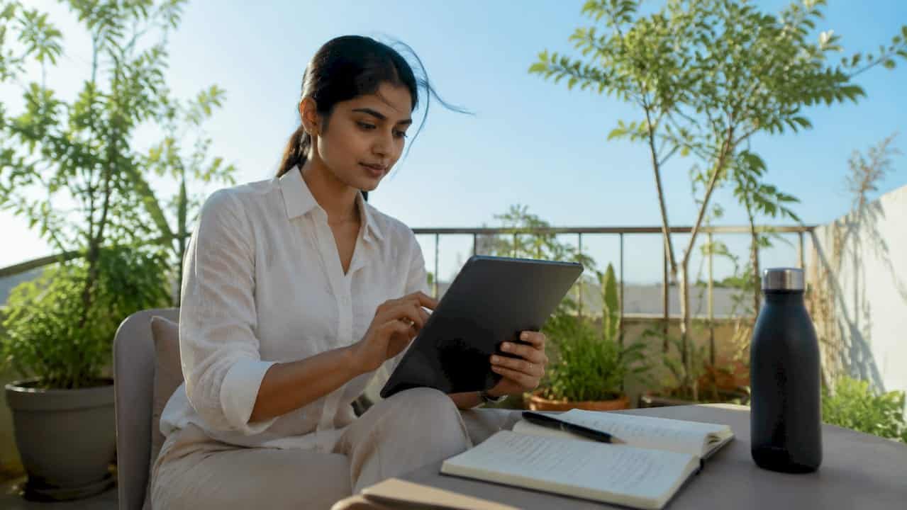 Woman reviewing digital marketing data at home desk